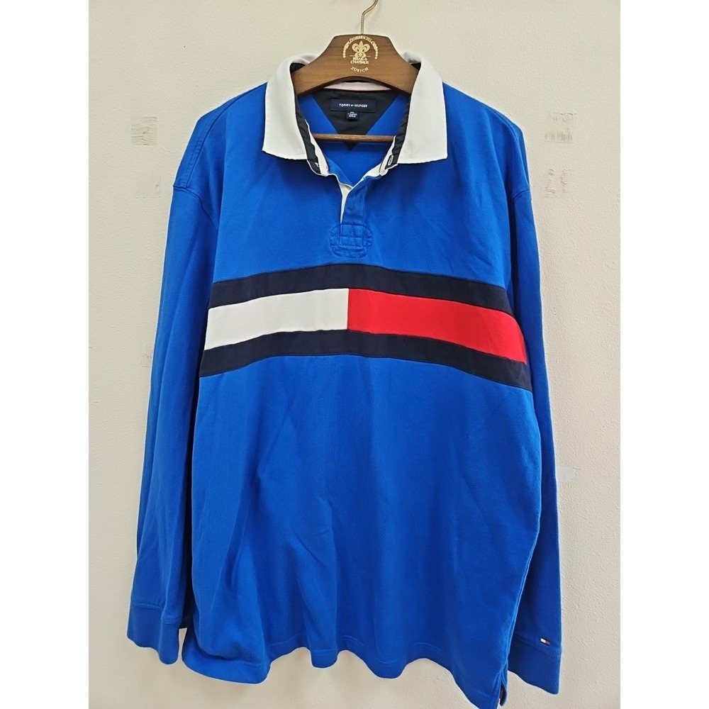 TOMMY HILFIGER - Blue, Red, White Flag Logo Rugby Polo Shirt, Mens XXL